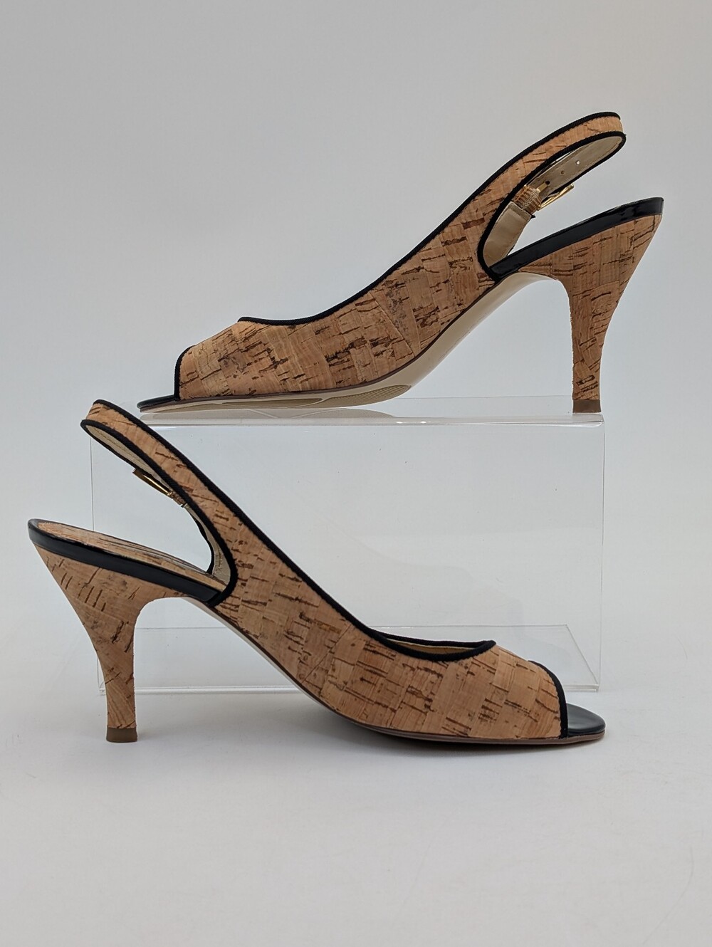 Bandolino Bardeco Size 8.5 Natural Cork Black Trim Gold Buckle Peep-Toe Stiletto - Picture 9 of 17